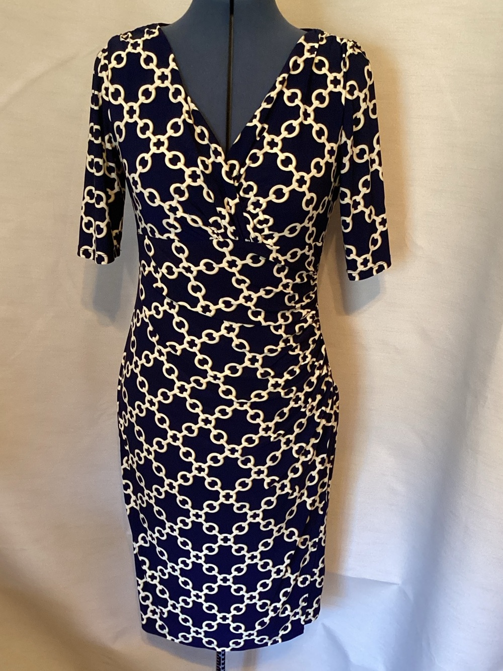 Lauren Ralph Lauren Navy and Cream Chain-Print Faux-Wrap Midi Dress